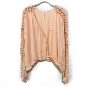 free people Runaway Boho Crochet Lace Long Sleeve Cropped Top in Light Peach - M